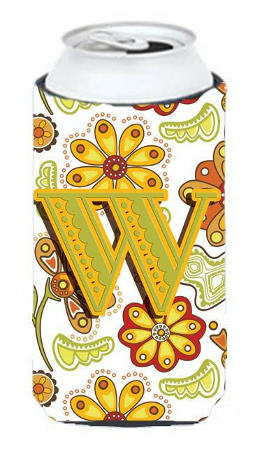 Letter W Floral Mustard and Green Tall Boy Beverage Insulator Hugger CJ2003-WTBC by Caroline&#39;s Treasures