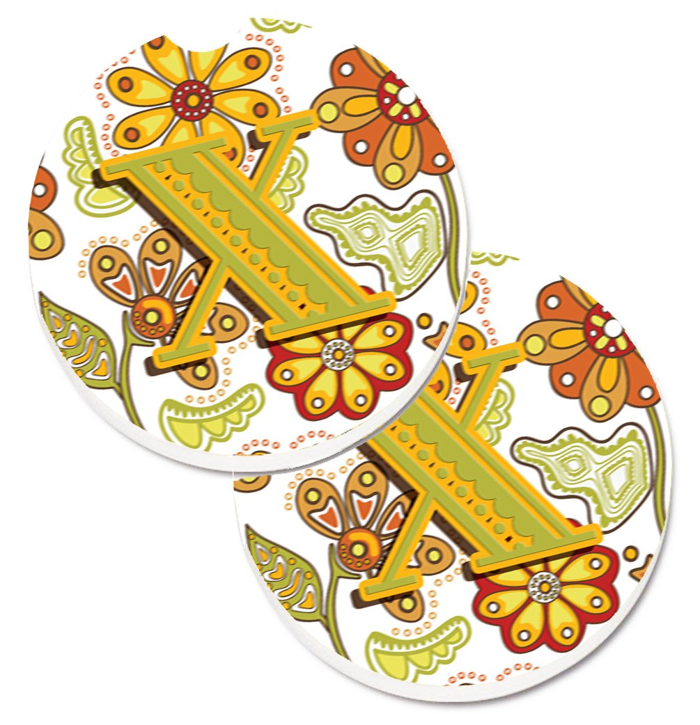 Letter X Floral Mustard and Green Set of 2 Cup Holder Car Coasters CJ2003-XCARC by Caroline's Treasures