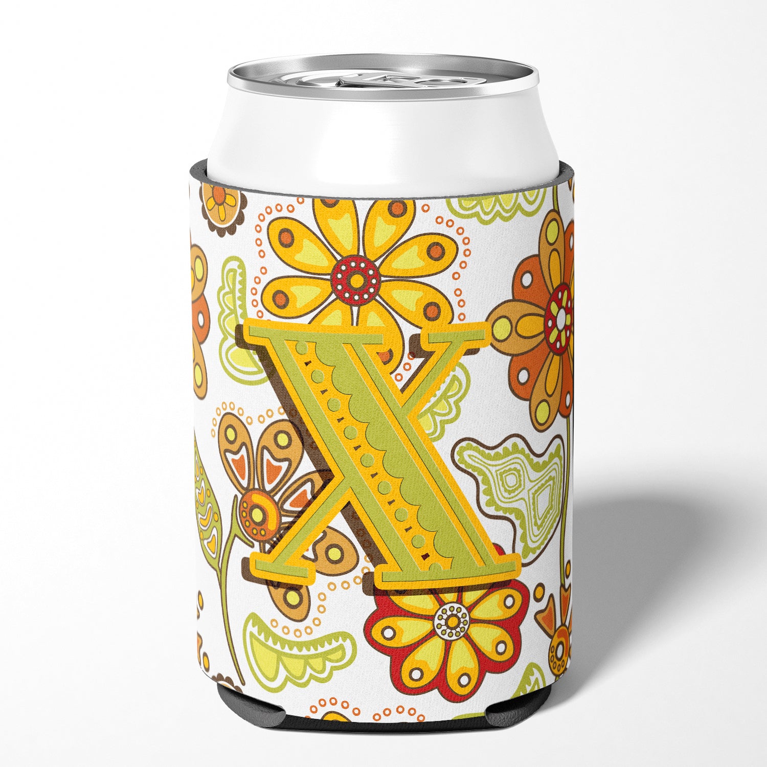 Letter X Floral Mustard and Green Can or Bottle Hugger CJ2003-XCC