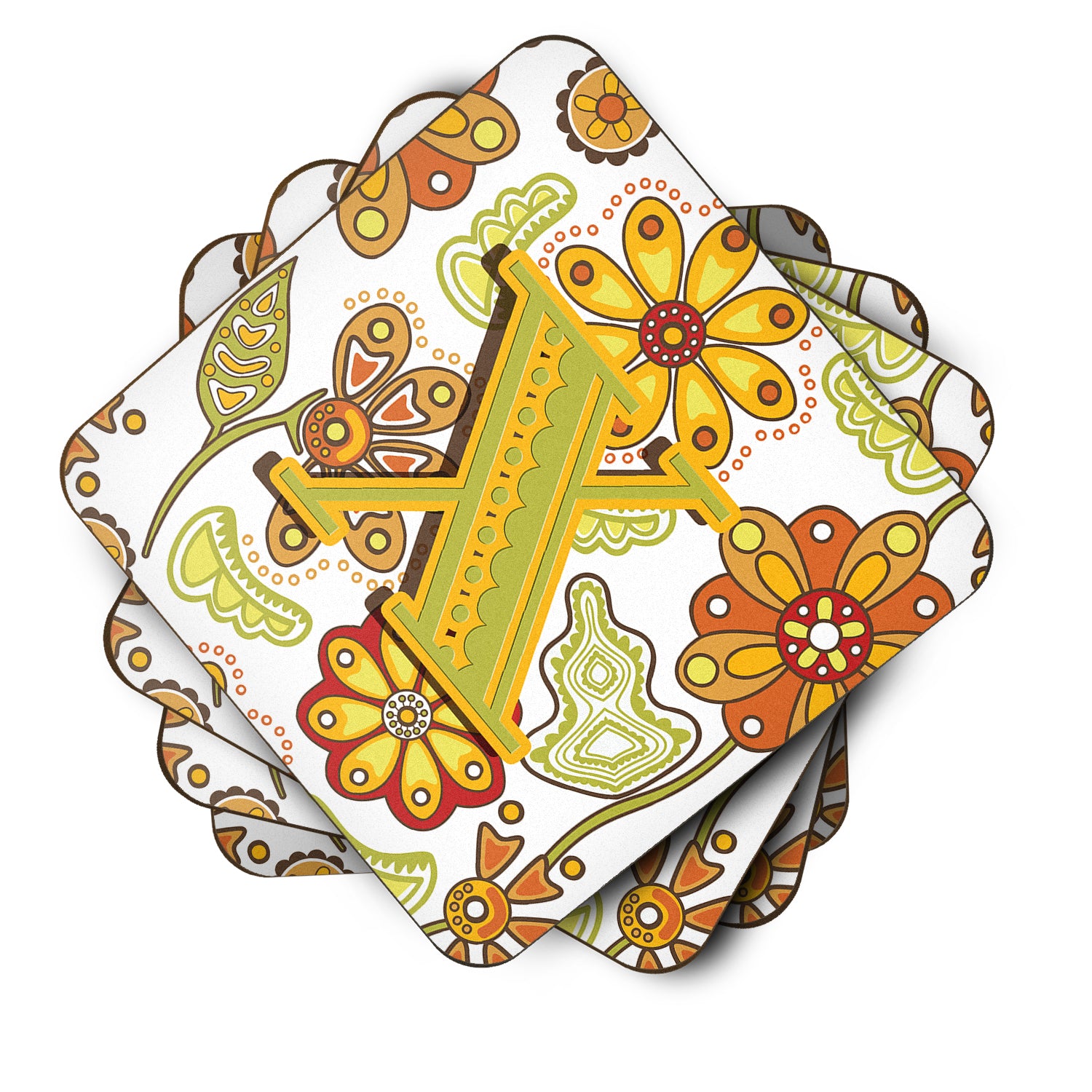 Set of 4 Letter X Floral Mustard and Green Foam Coasters CJ2003-XFC - the-store.com