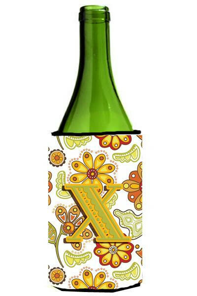 Letter X Floral Mustard and Green Wine Bottle Beverage Insulator Hugger CJ2003-XLITERK by Caroline&#39;s Treasures