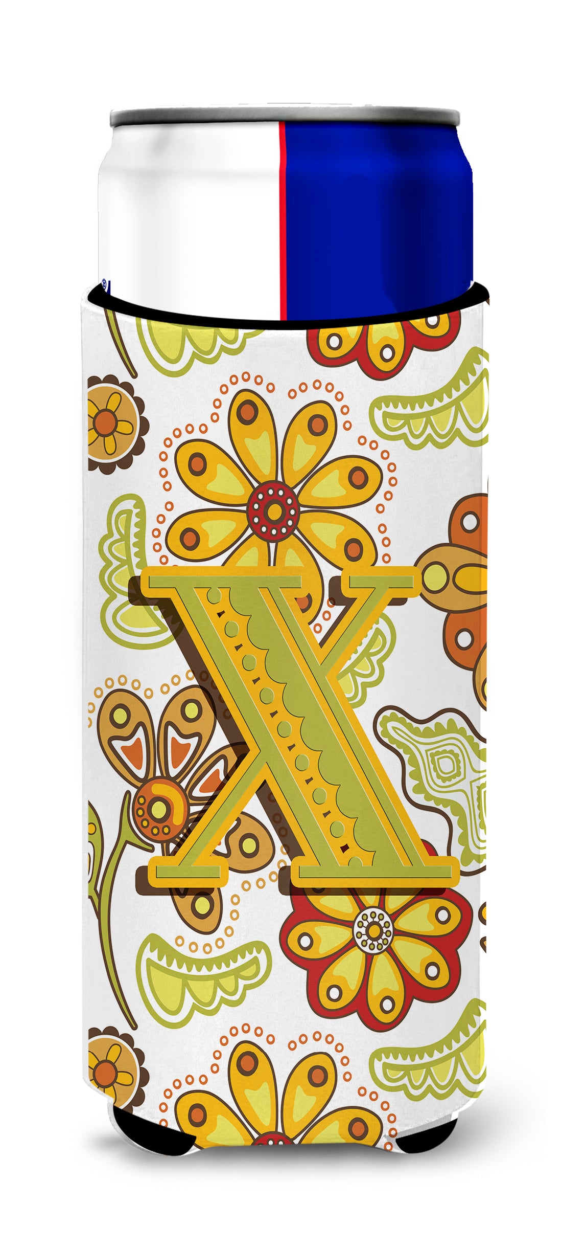 Letter X Floral Mustard and Green Ultra Beverage Insulators for slim cans CJ2003-XMUK.