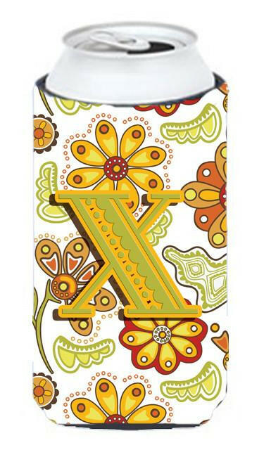 Letter X Floral Mustard and Green Tall Boy Beverage Insulator Hugger CJ2003-XTBC by Caroline&#39;s Treasures