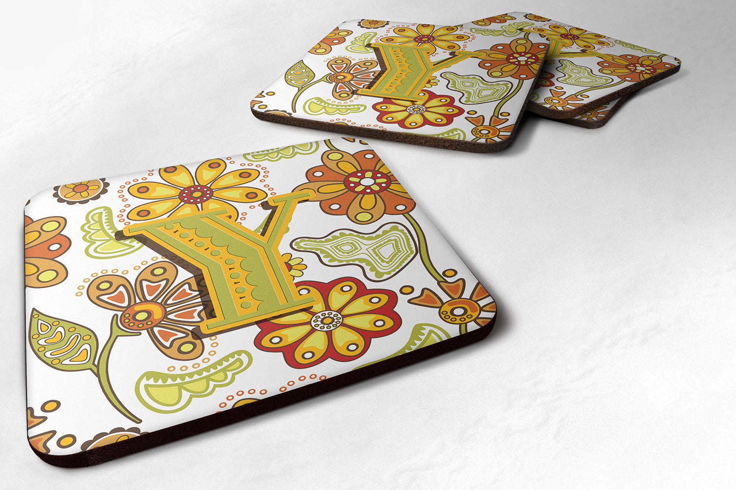 Set of 4 Letter Y Floral Mustard and Green Foam Coasters CJ2003-YFC - the-store.com