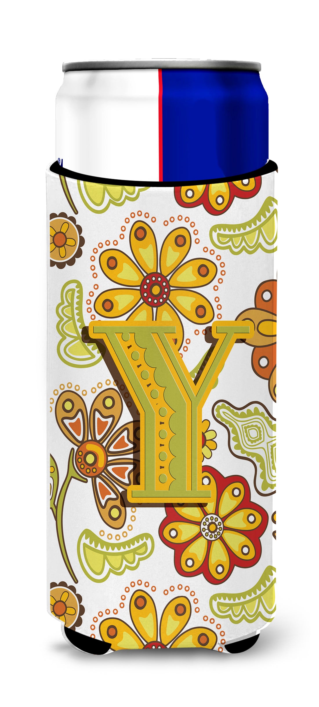 Letter Y Floral Mustard and Green Ultra Beverage Insulators for slim cans CJ2003-YMUK.