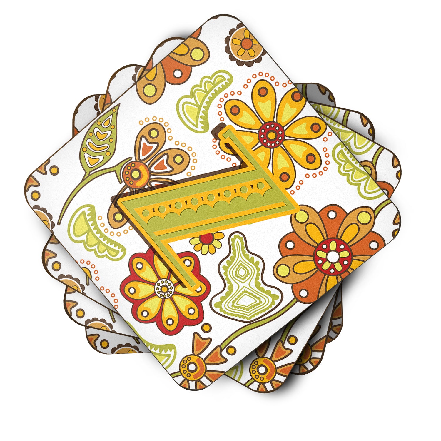 Set of 4 Letter Z Floral Mustard and Green Foam Coasters CJ2003-ZFC - the-store.com