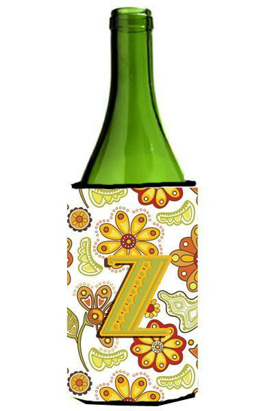 Letter Z Floral Mustard and Green Wine Bottle Beverage Insulator Hugger CJ2003-ZLITERK by Caroline&#39;s Treasures