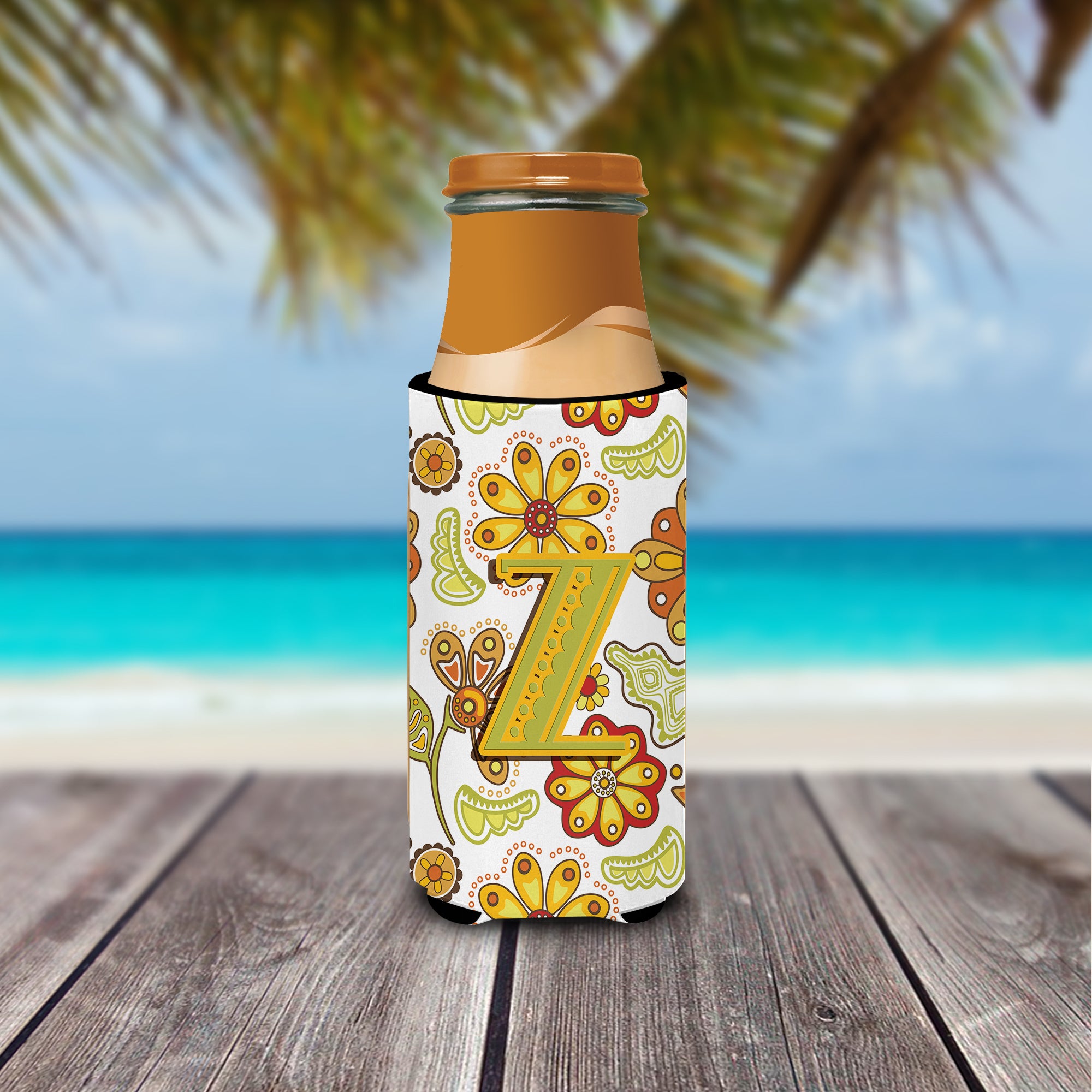 Letter Z Floral Mustard and Green Ultra Beverage Insulators for slim cans CJ2003-ZMUK.