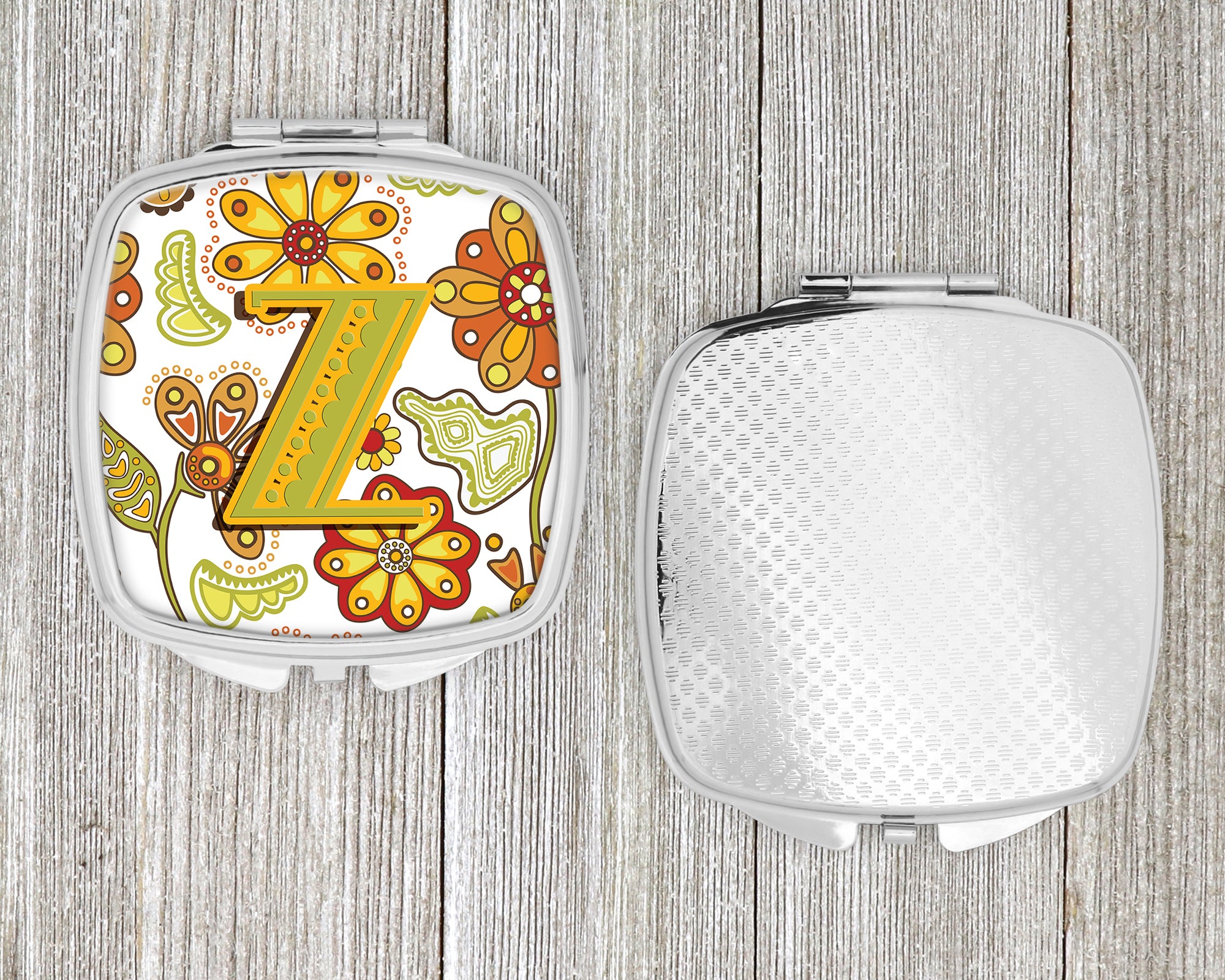 Letter Z Floral Mustard and Green Compact Mirror CJ2003-ZSCM  the-store.com.