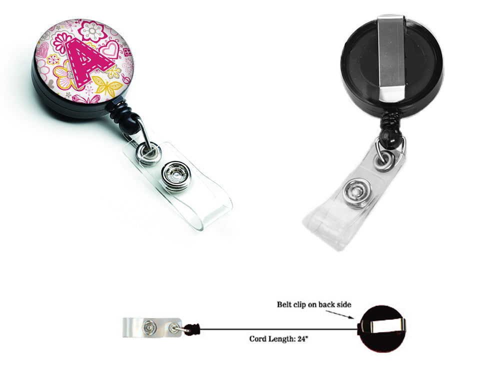 Letter A Flowers and Butterflies Pink Retractable Badge Reel CJ2005-ABR  the-store.com.