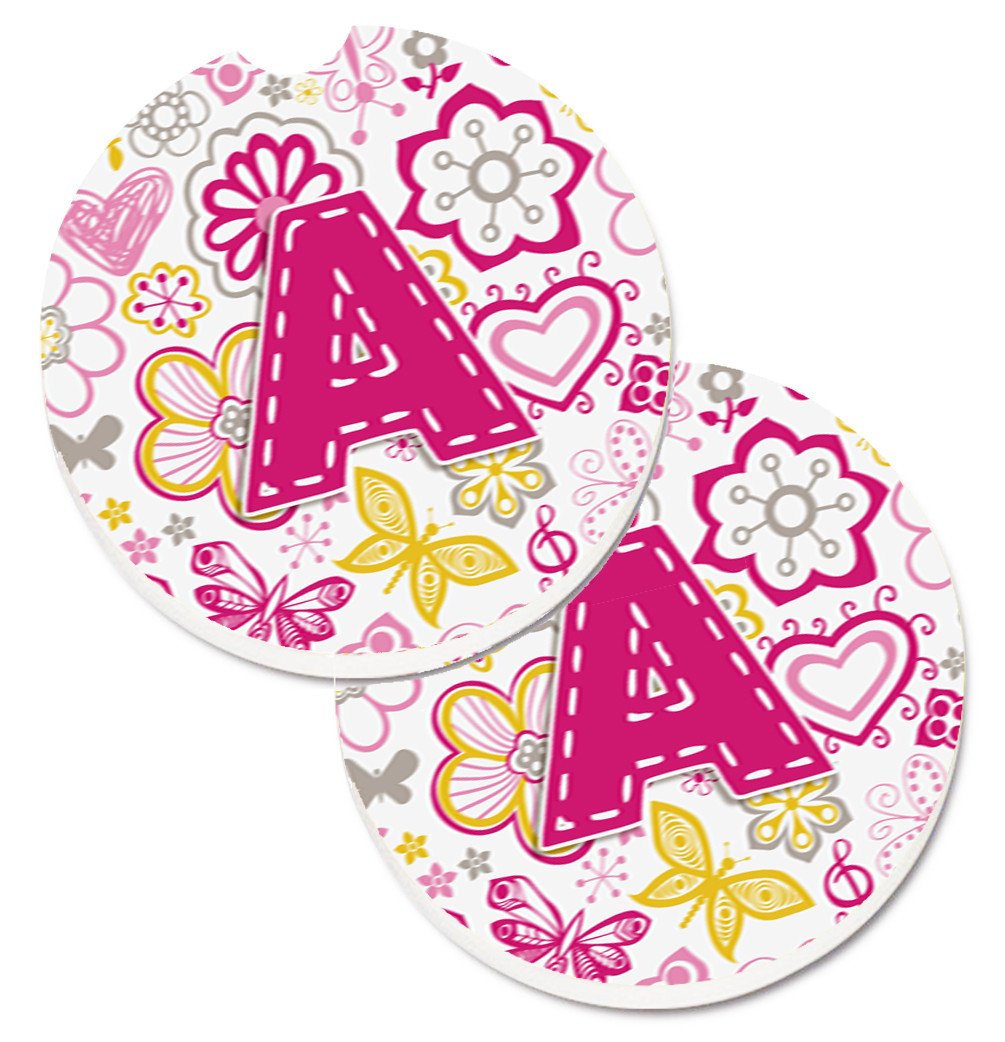 Letter A Flowers and Butterflies Pink Set of 2 Cup Holder Car Coasters CJ2005-ACARC by Caroline&#39;s Treasures