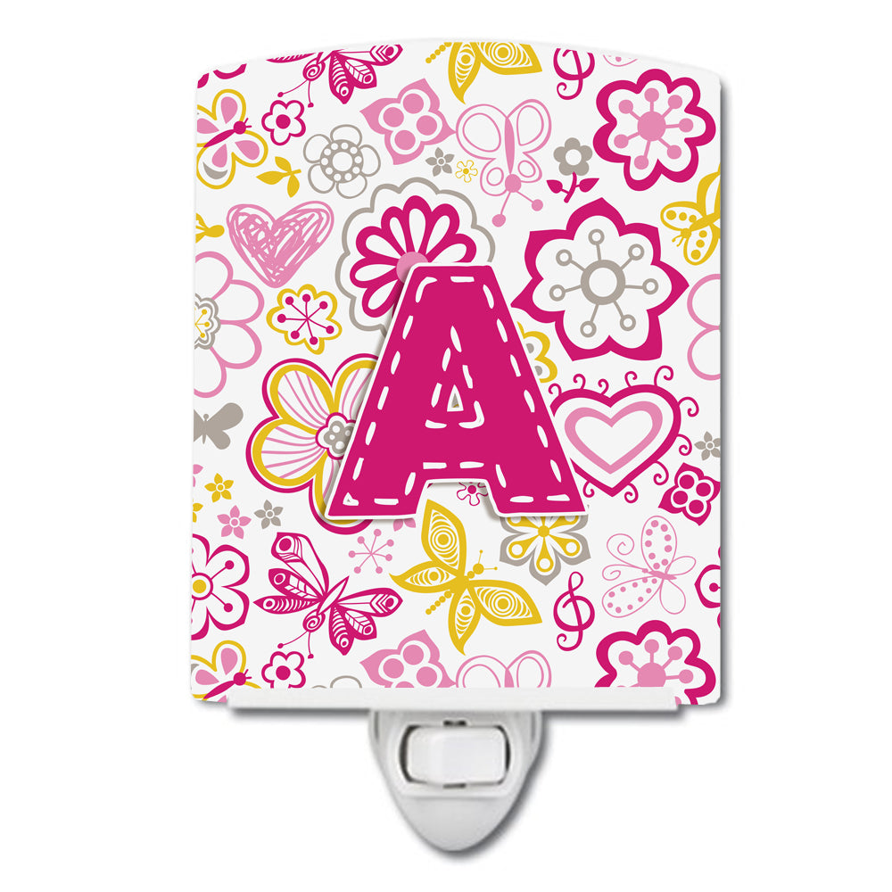 Letter A Flowers and Butterflies Pink Ceramic Night Light CJ2005-ACNL - the-store.com