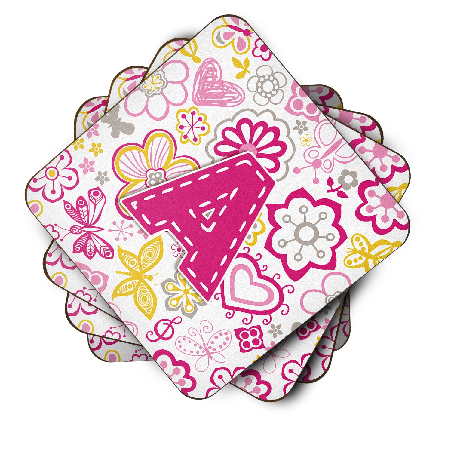 Set of 4 Letter A Flowers and Butterflies Pink Foam Coasters CJ2005-AFC - the-store.com