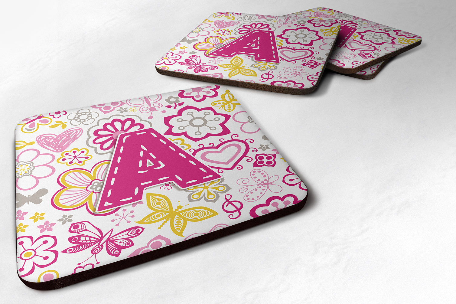 Set of 4 Letter A Flowers and Butterflies Pink Foam Coasters CJ2005-AFC - the-store.com