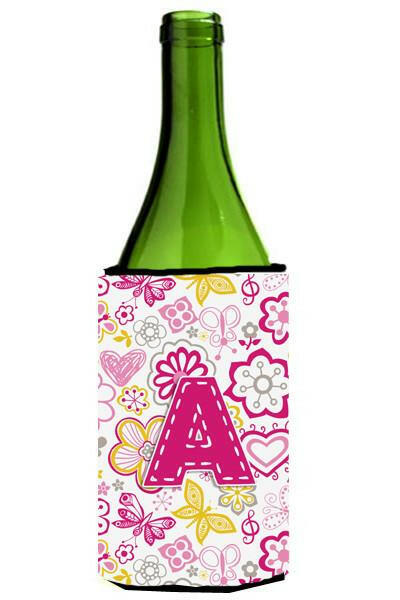 Letter A Flowers and Butterflies Pink Wine Bottle Beverage Insulator Hugger CJ2005-ALITERK by Caroline&#39;s Treasures