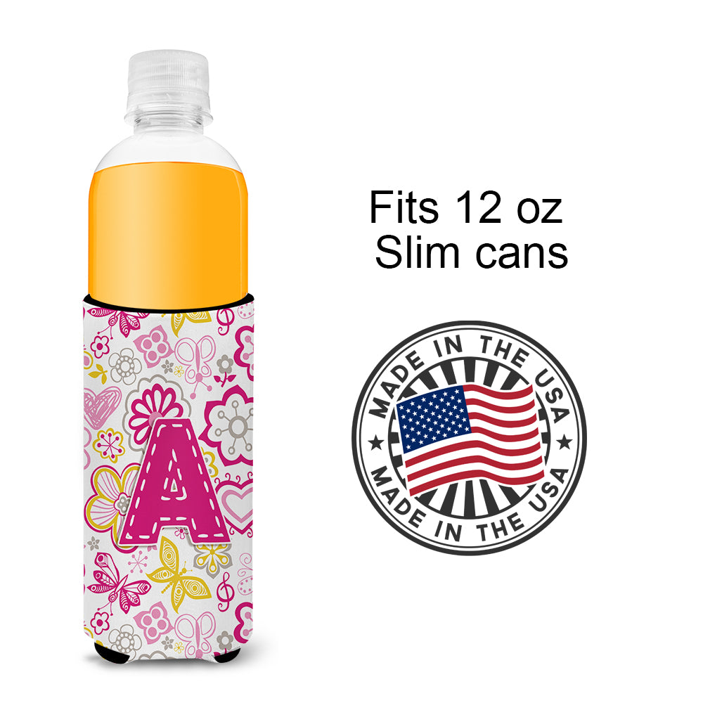Letter A Flowers and Butterflies Pink Ultra Beverage Insulators for slim cans CJ2005-AMUK.