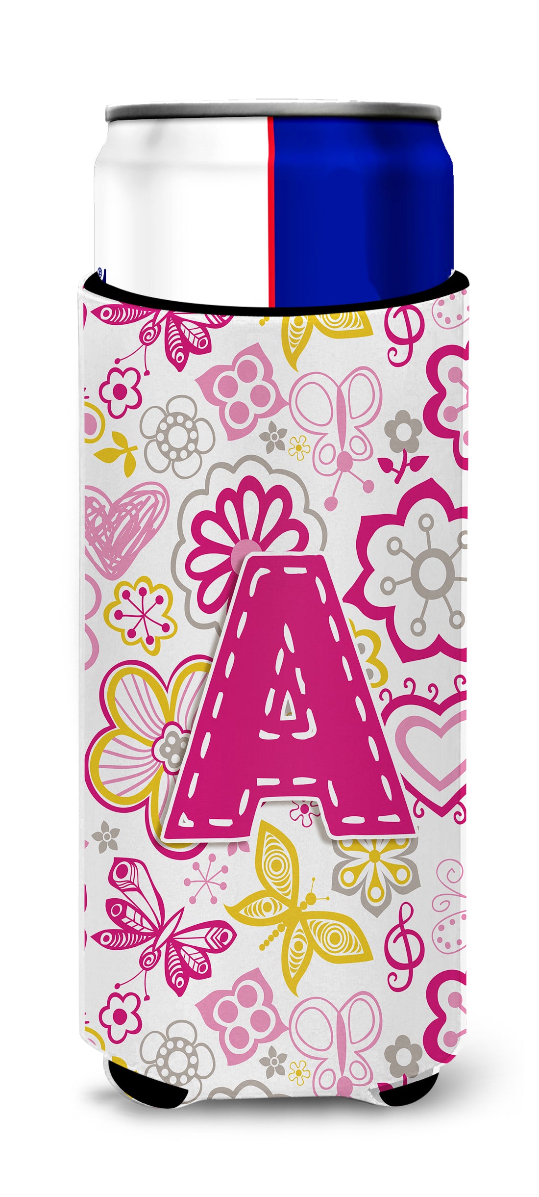 Letter A Flowers and Butterflies Pink Ultra Beverage Insulators for slim cans CJ2005-AMUK