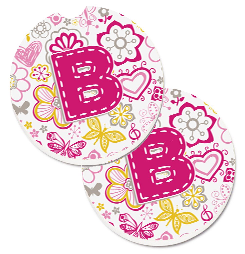 Letter B Flowers and Butterflies Pink Set of 2 Cup Holder Car Coasters CJ2005-BCARC by Caroline&#39;s Treasures