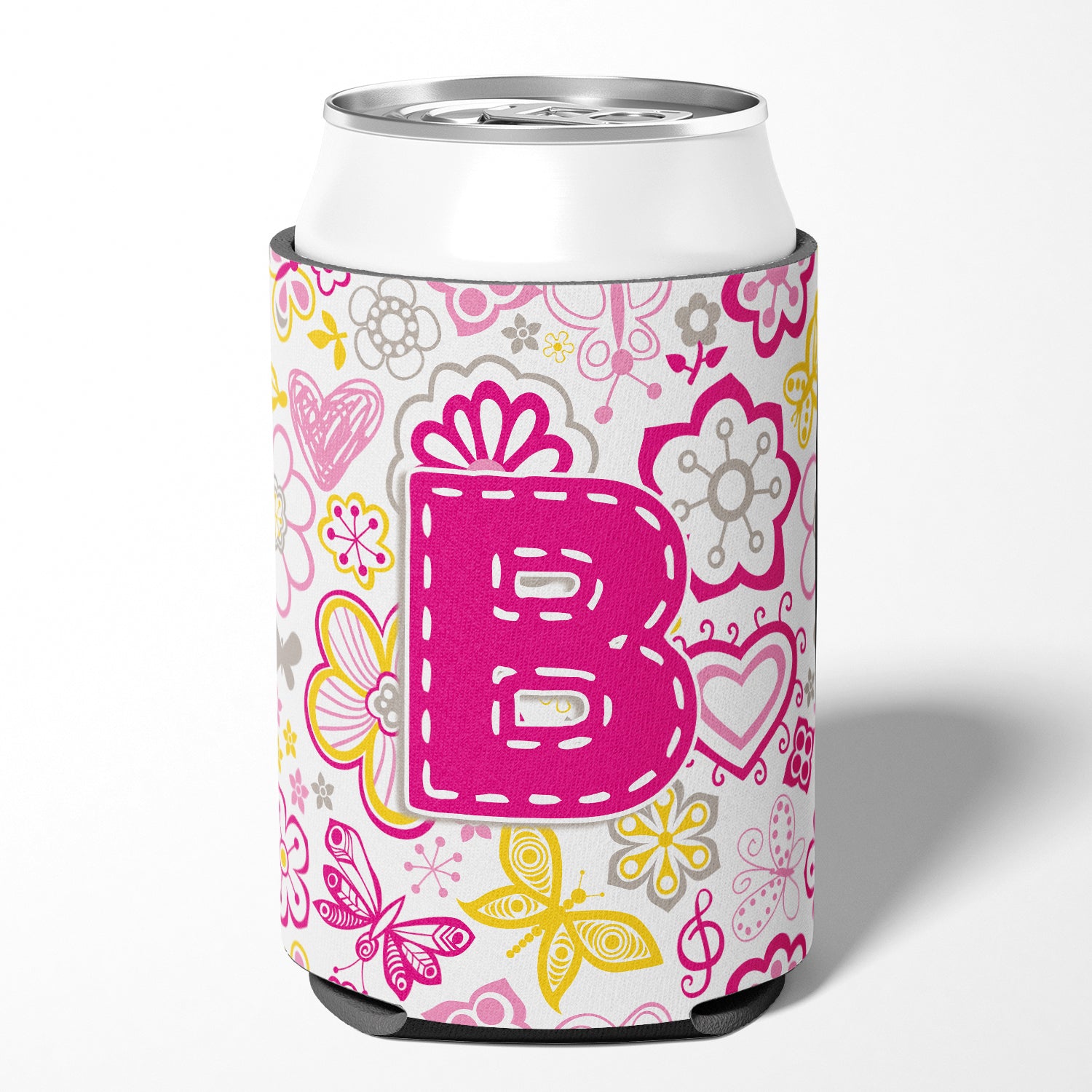 Letter B Flowers and Butterflies Pink Can or Bottle Hugger CJ2005-BCC.