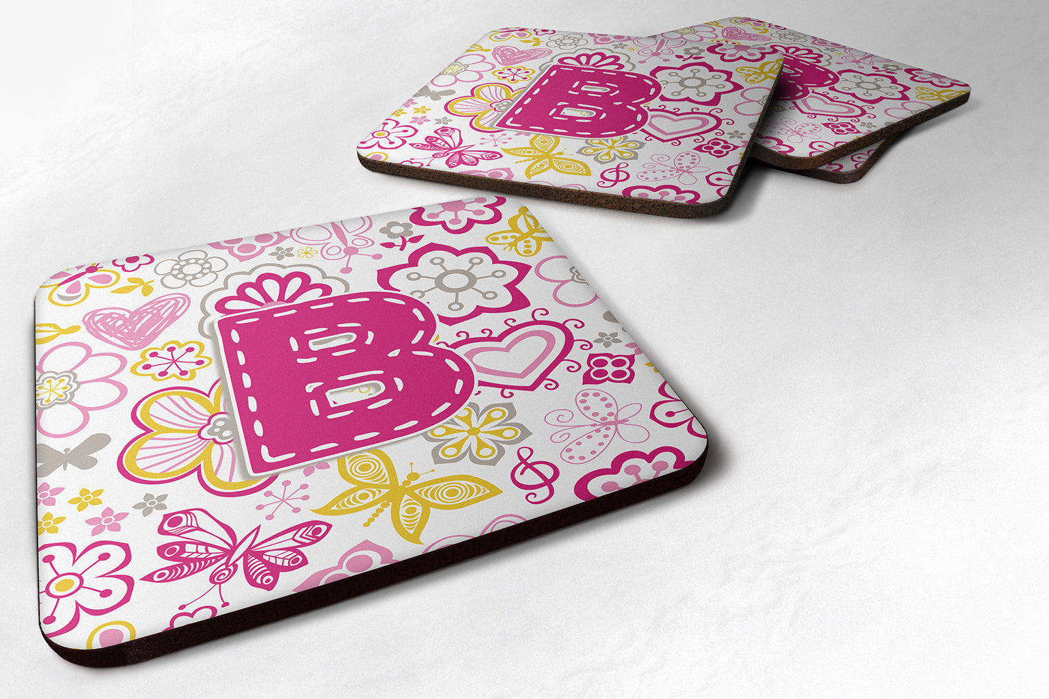 Set of 4 Letter B Flowers and Butterflies Pink Foam Coasters CJ2005-BFC - the-store.com