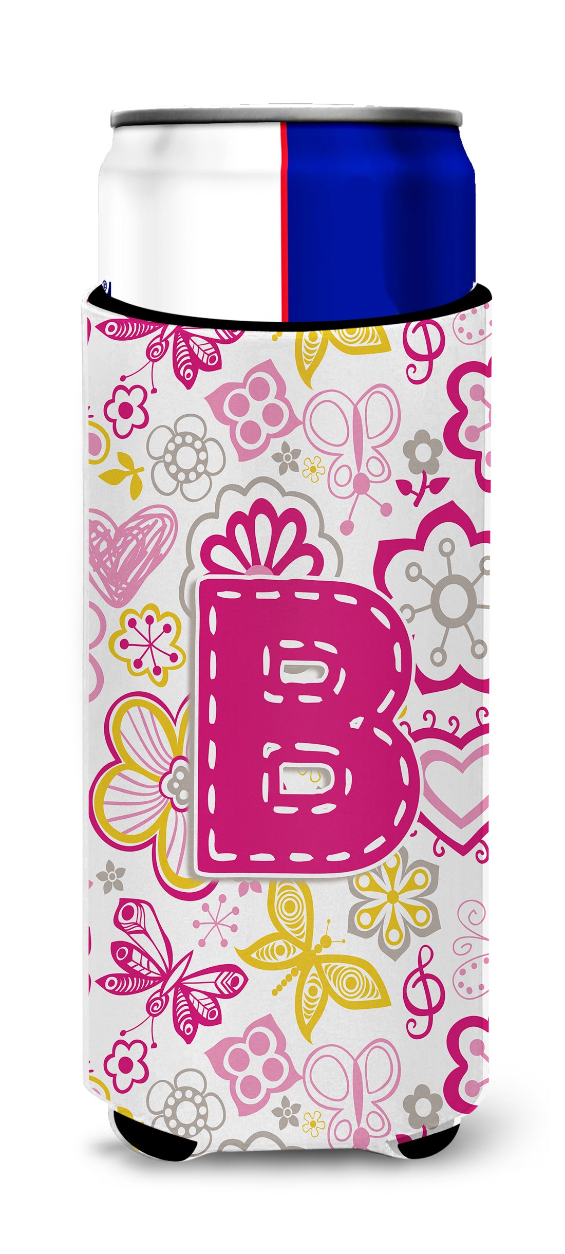 Letter B Flowers and Butterflies Pink Ultra Beverage Insulators for slim cans CJ2005-BMUK