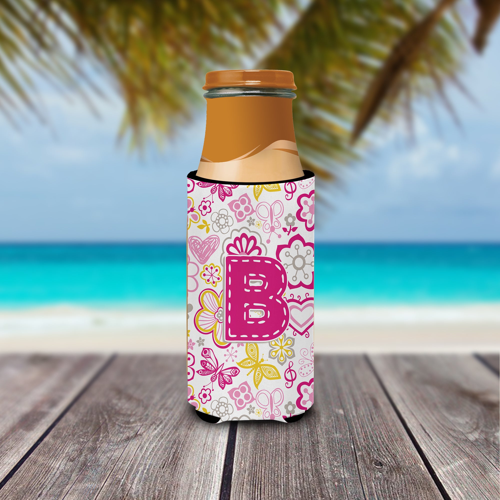 Letter B Flowers and Butterflies Pink Ultra Beverage Insulators for slim cans CJ2005-BMUK.