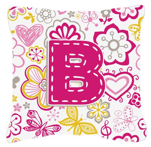 Letter B Flowers and Butterflies Pink Canvas Fabric Decorative Pillow by Caroline&#39;s Treasures
