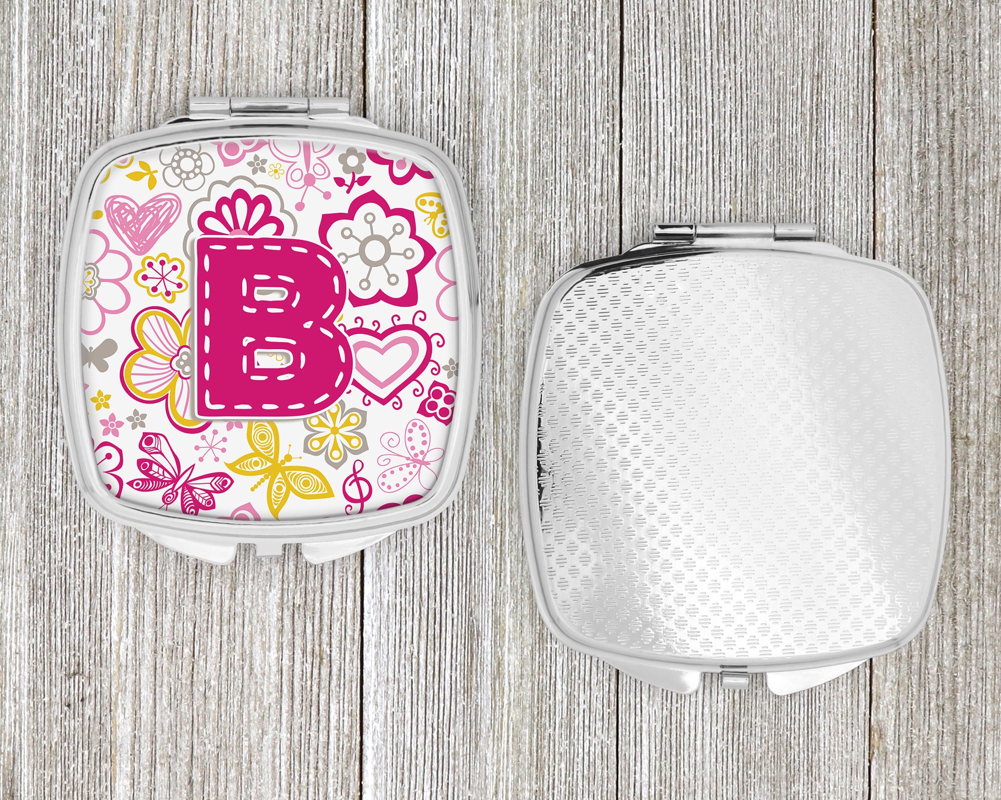 Letter B Flowers and Butterflies Pink Compact Mirror CJ2005-BSCM