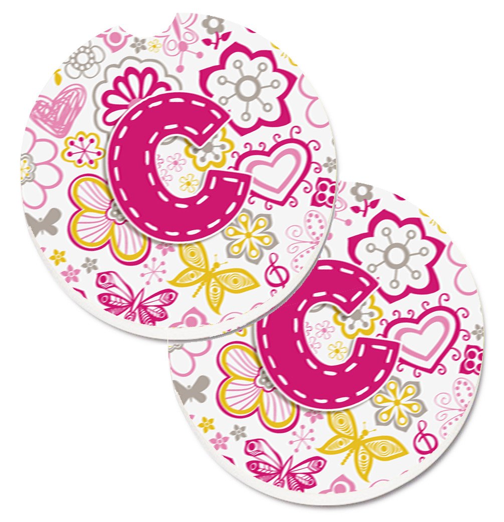 Letter C Flowers and Butterflies Pink Set of 2 Cup Holder Car Coasters CJ2005-CCARC by Caroline&#39;s Treasures