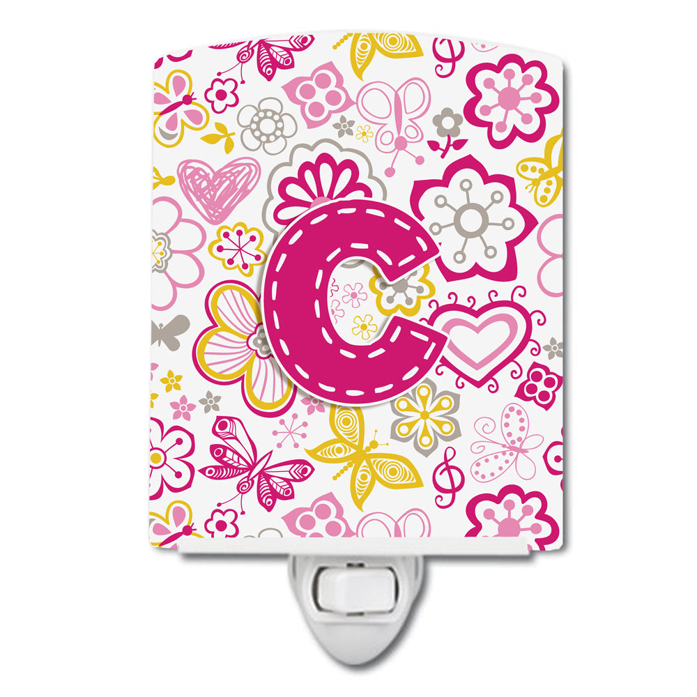 Letter C Flowers and Butterflies Pink Ceramic Night Light CJ2005-CCNL - the-store.com