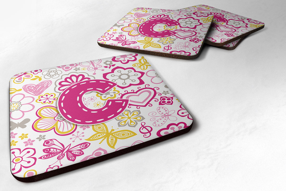 Set of 4 Letter C Flowers and Butterflies Pink Foam Coasters CJ2005-CFC - the-store.com