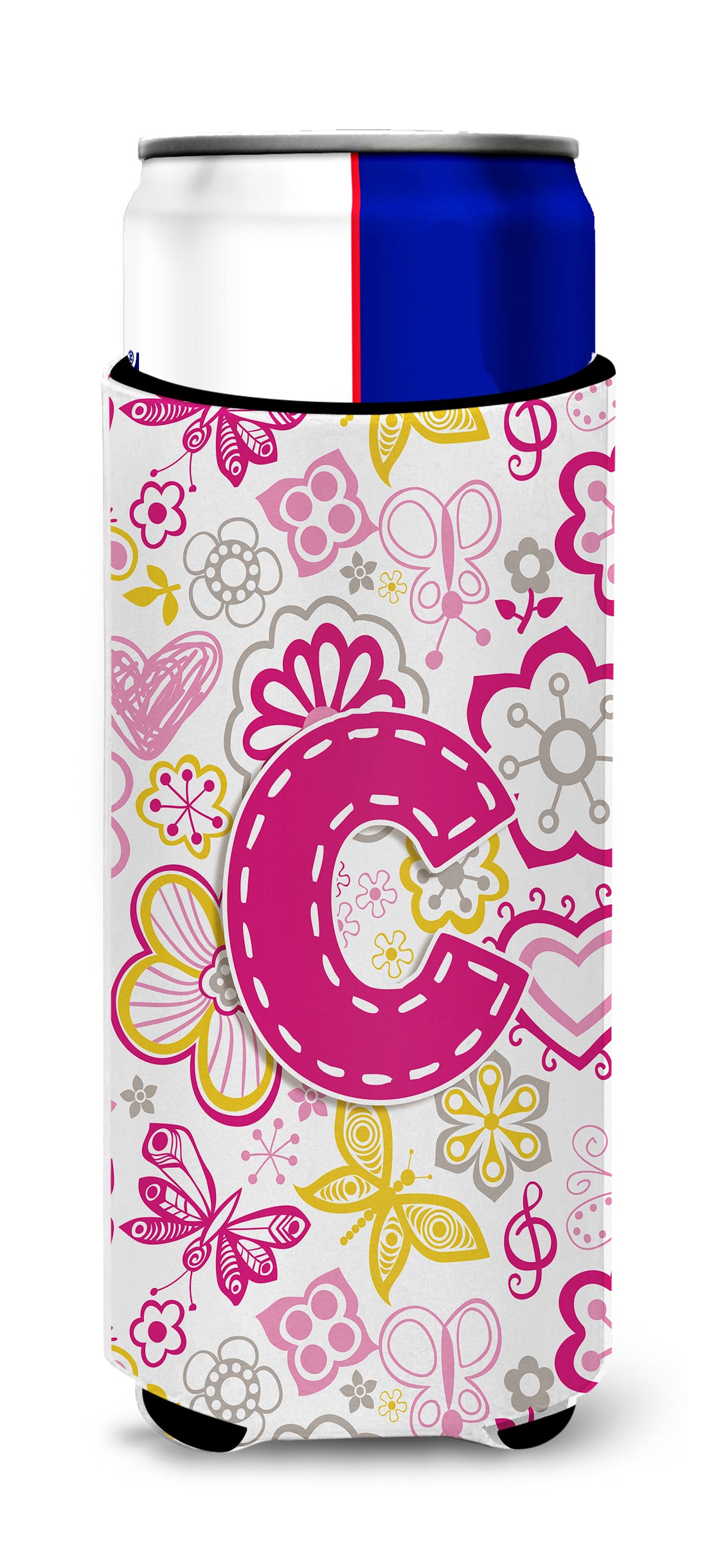 Letter C Flowers and Butterflies Pink Ultra Beverage Insulators for slim cans CJ2005-CMUK
