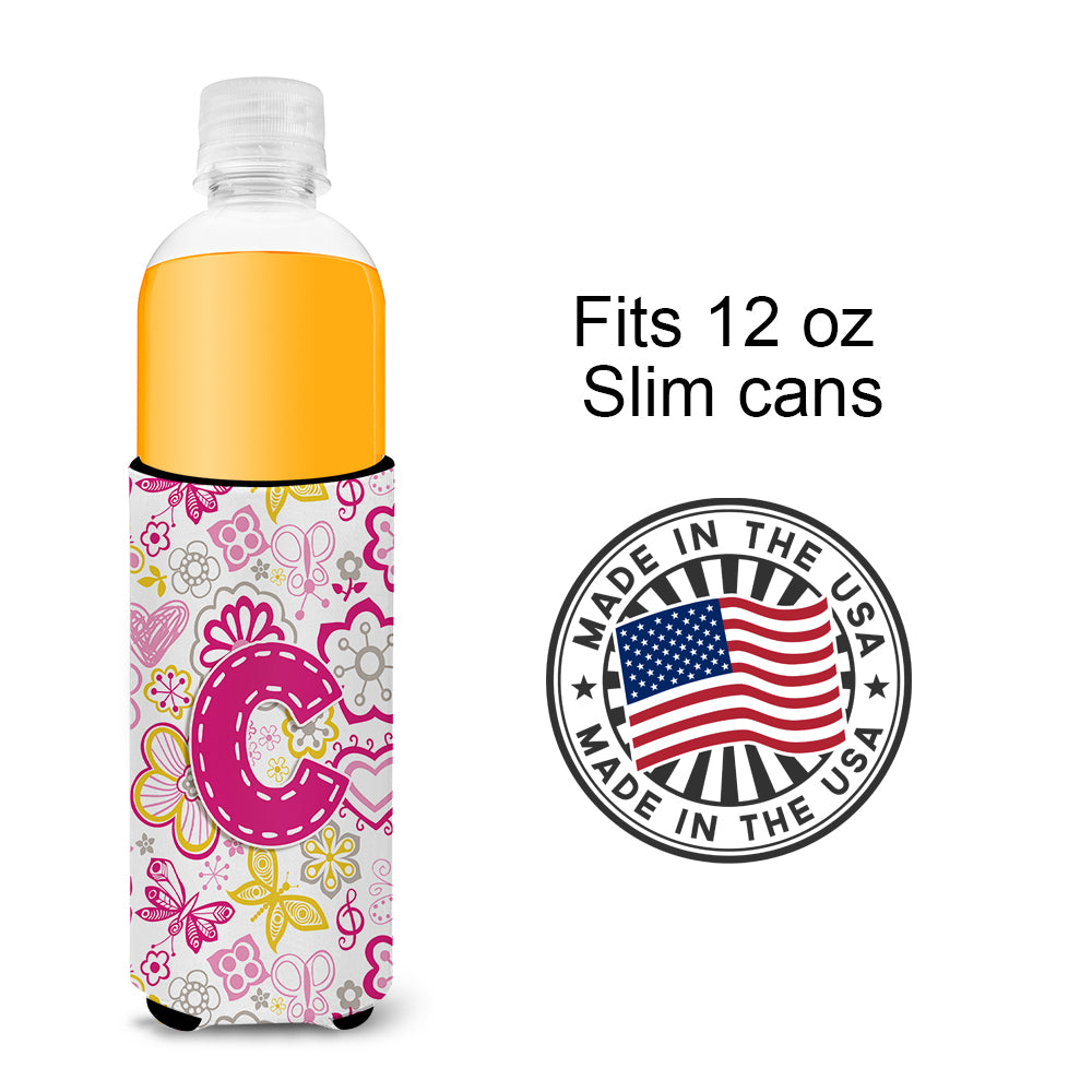 Letter C Flowers and Butterflies Pink Ultra Beverage Insulators for slim cans CJ2005-CMUK.