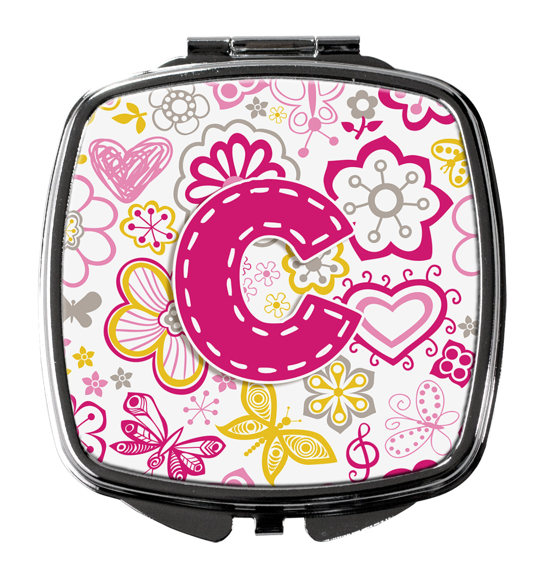 Caroline's Treasures Letter C Flowers and Butterflies Pink Compact Mirror – Stylish Purse Mirror with Artistic Covers CJ2005-CSCM