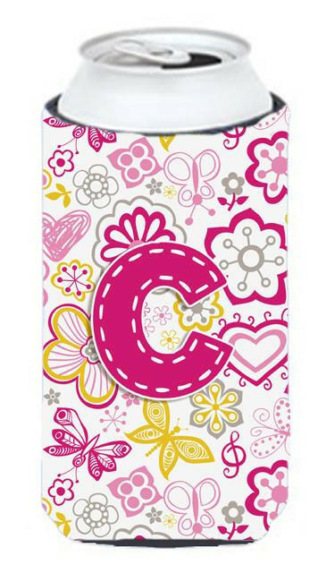 Letter C Flowers and Butterflies Pink Tall Boy Beverage Insulator Hugger CJ2005-CTBC by Caroline&#39;s Treasures