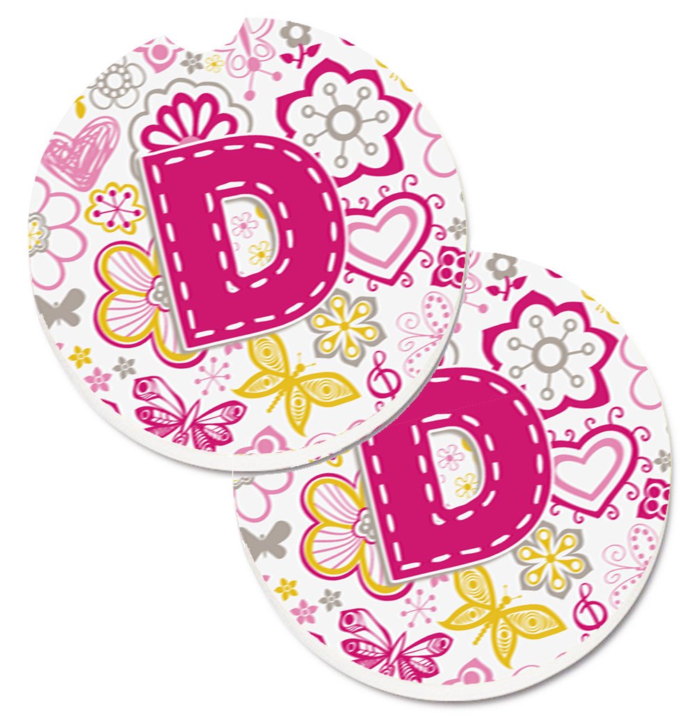 Letter D Flowers and Butterflies Pink Set of 2 Cup Holder Car Coasters CJ2005-DCARC by Caroline&#39;s Treasures
