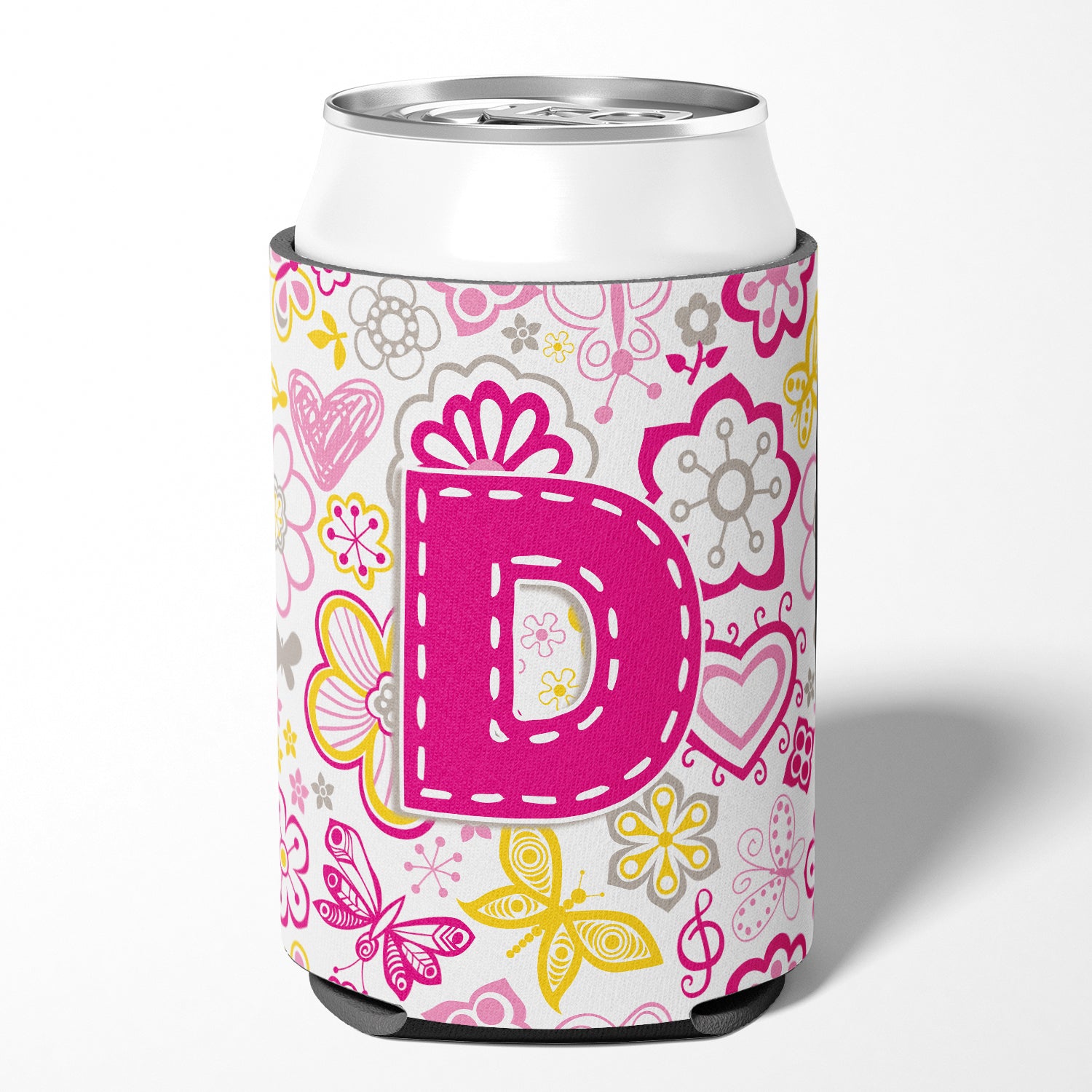 Letter D Flowers and Butterflies Pink Can or Bottle Hugger CJ2005-DCC