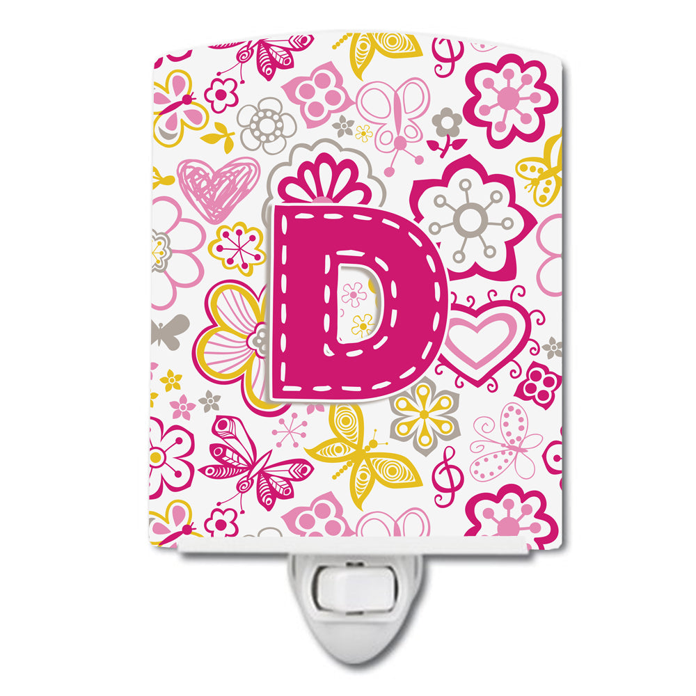 Letter D Flowers and Butterflies Pink Ceramic Night Light CJ2005-DCNL - the-store.com