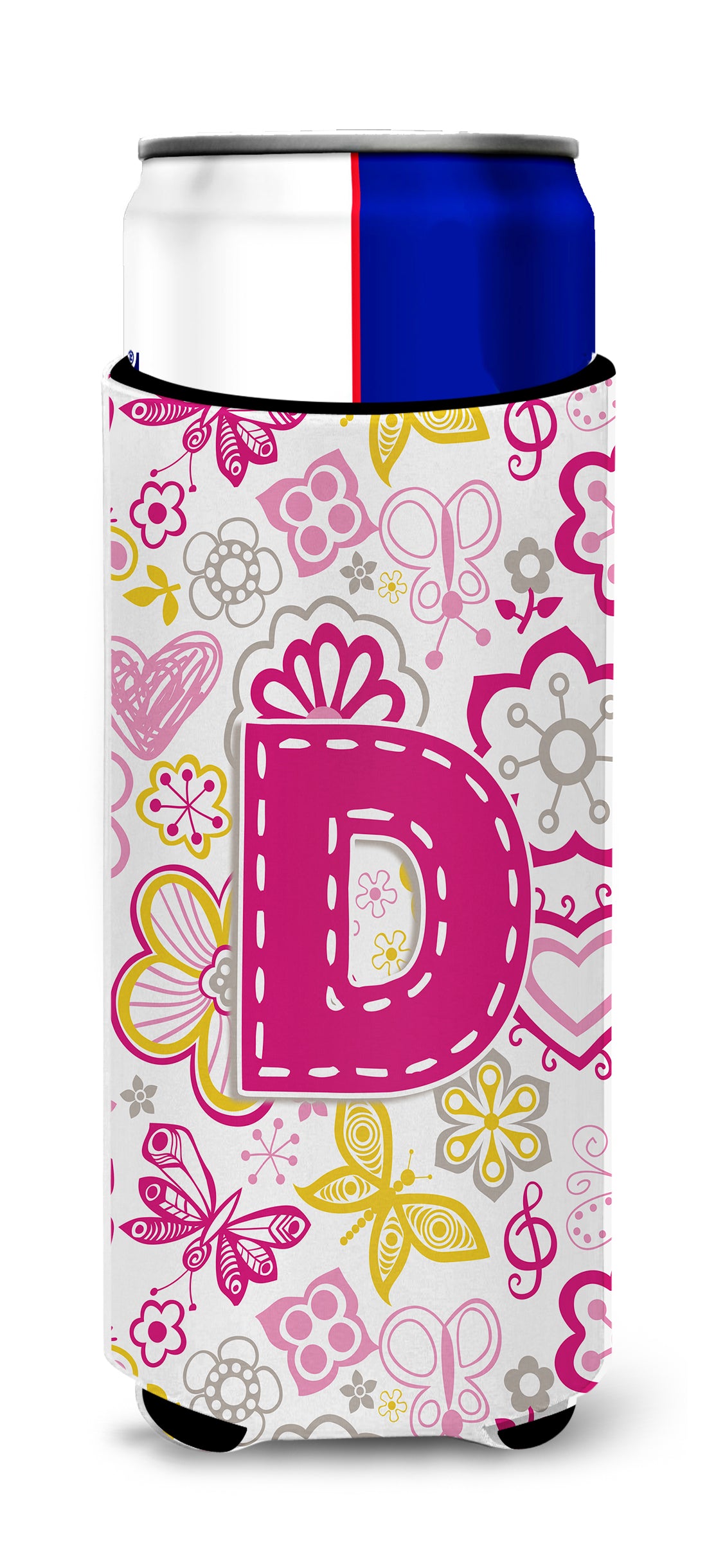 Letter D Flowers and Butterflies Pink Ultra Beverage Insulators for slim cans CJ2005-DMUK
