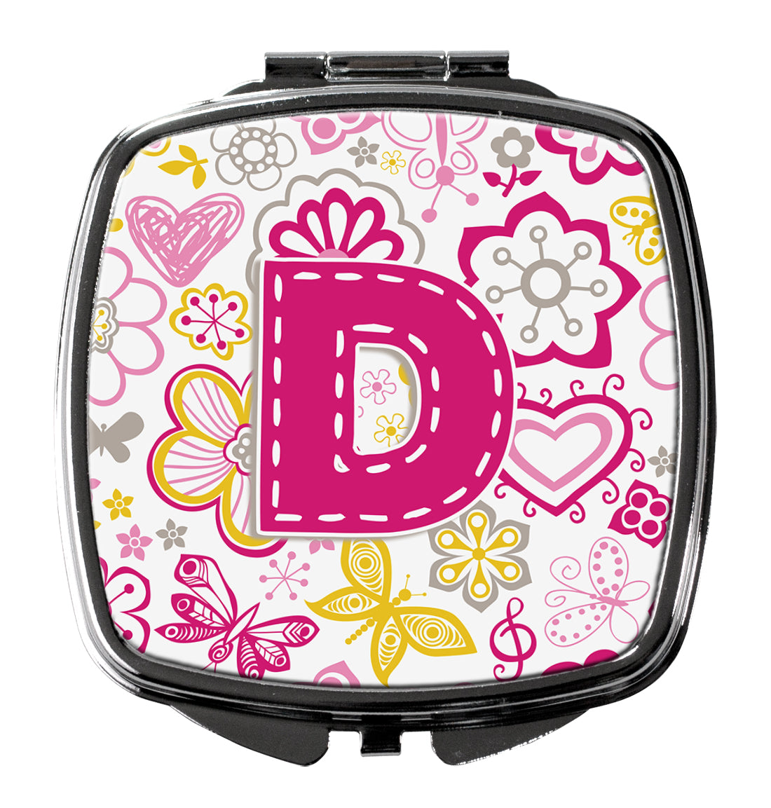 Letter D Flowers and Butterflies Pink Compact Mirror CJ2005-DSCM  the-store.com.