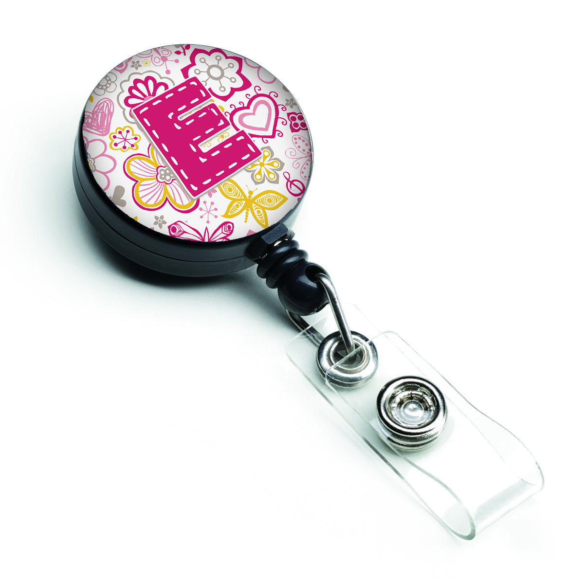 Letter E Flowers and Butterflies Pink Retractable Badge Reel CJ2005-EBR
