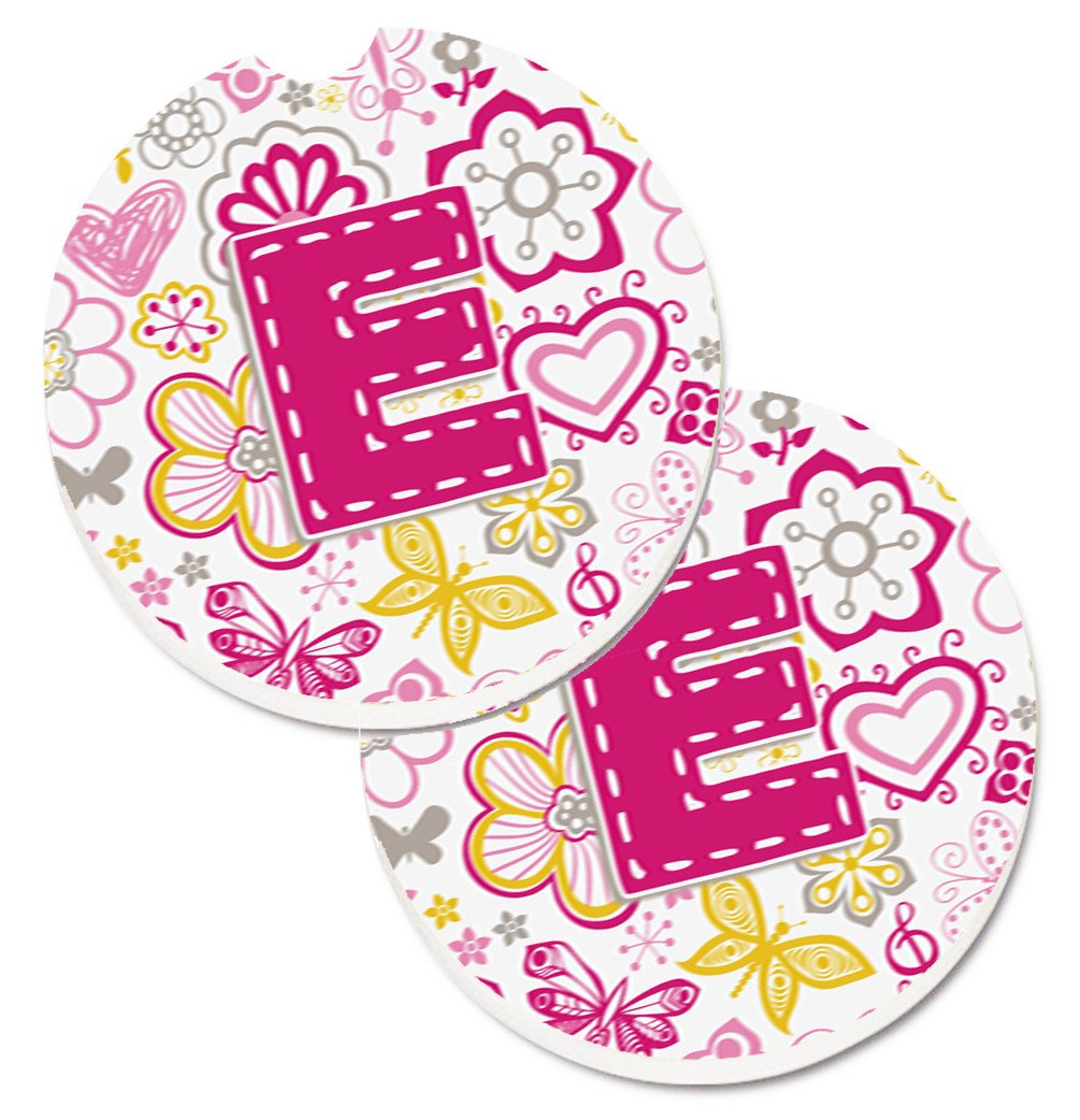 Letter E Flowers and Butterflies Pink Set of 2 Cup Holder Car Coasters CJ2005-ECARC by Caroline&#39;s Treasures
