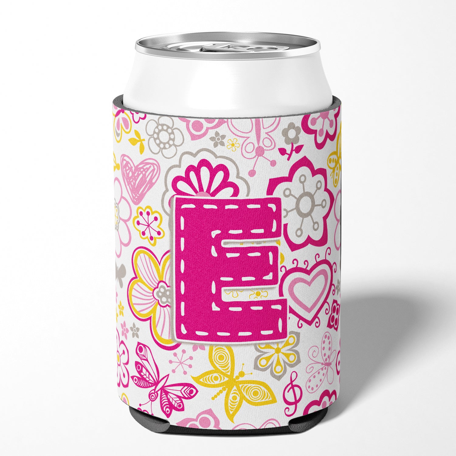 Letter E Flowers and Butterflies Pink Can or Bottle Hugger CJ2005-ECC.