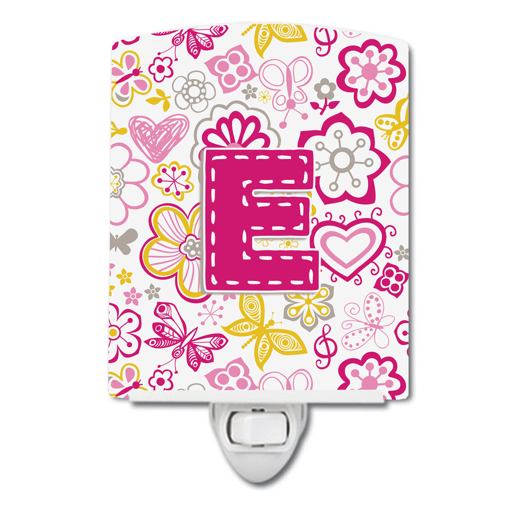 Letter E Flowers and Butterflies Pink Ceramic Night Light CJ2005-ECNL - the-store.com