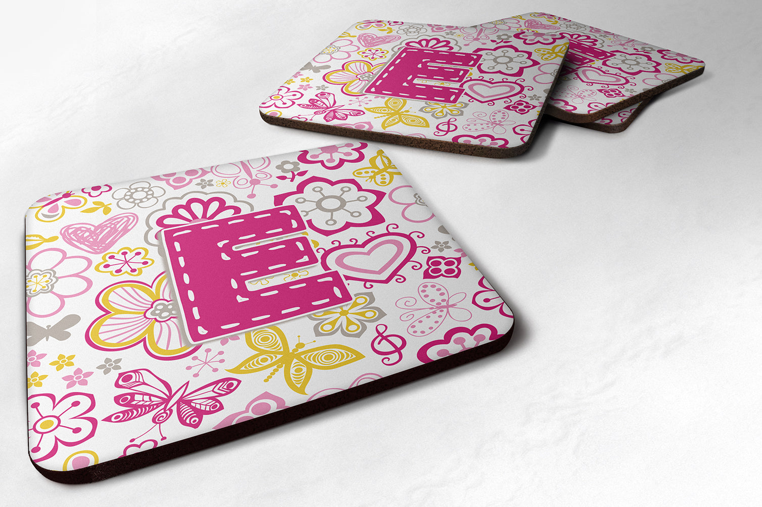 Set of 4 Letter E Flowers and Butterflies Pink Foam Coasters CJ2005-EFC - the-store.com
