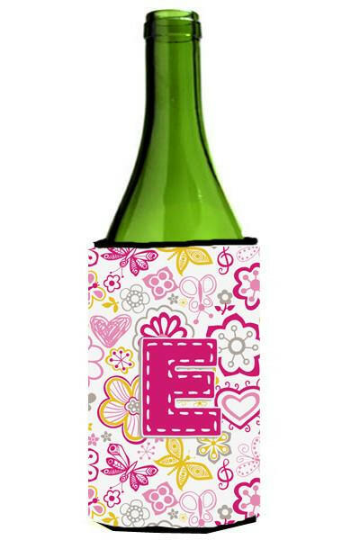 Letter E Flowers and Butterflies Pink Wine Bottle Beverage Insulator Hugger CJ2005-ELITERK by Caroline&#39;s Treasures
