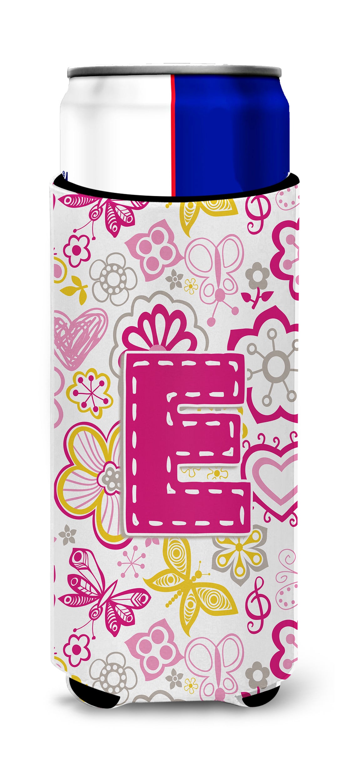 Letter E Flowers and Butterflies Pink Ultra Beverage Insulators for slim cans CJ2005-EMUK.