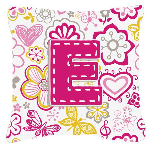 Letter E Flowers and Butterflies Pink Canvas Fabric Decorative Pillow by Caroline&#39;s Treasures