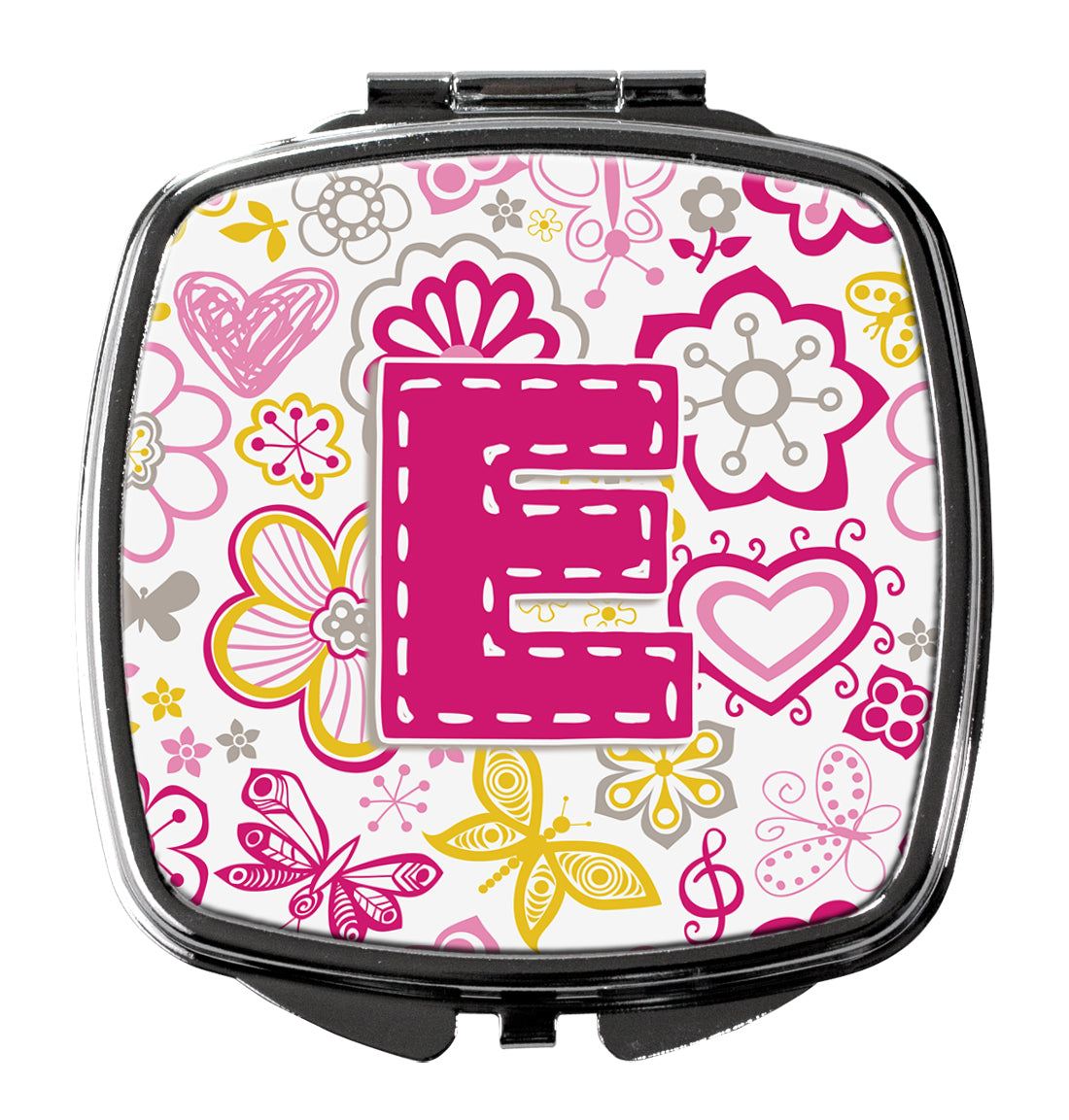Letter E Flowers and Butterflies Pink Compact Mirror CJ2005-ESCM