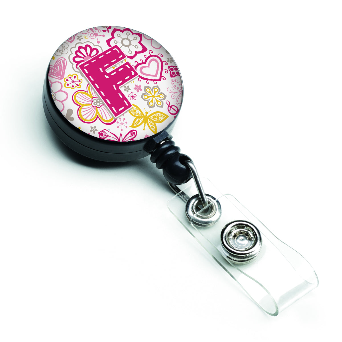 Letter F Flowers and Butterflies Pink Retractable Badge Reel CJ2005-FBR
